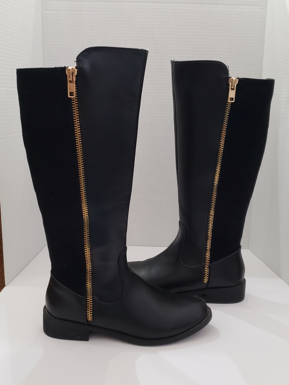 LC Lauren Conrad Lollipop Black Tall Riding Boots Knee High Gold Zip Size 7 M